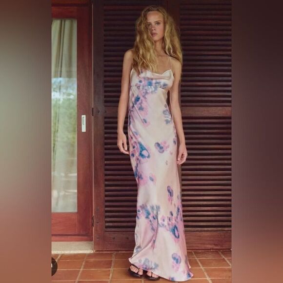 NWT ZARA SATIN EFFECT OPEN BACK LONG DRESS Pink Lilac - Picture 1 of 8